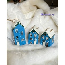 Детские деревянные домики синего цвета 3 штуки разного размера